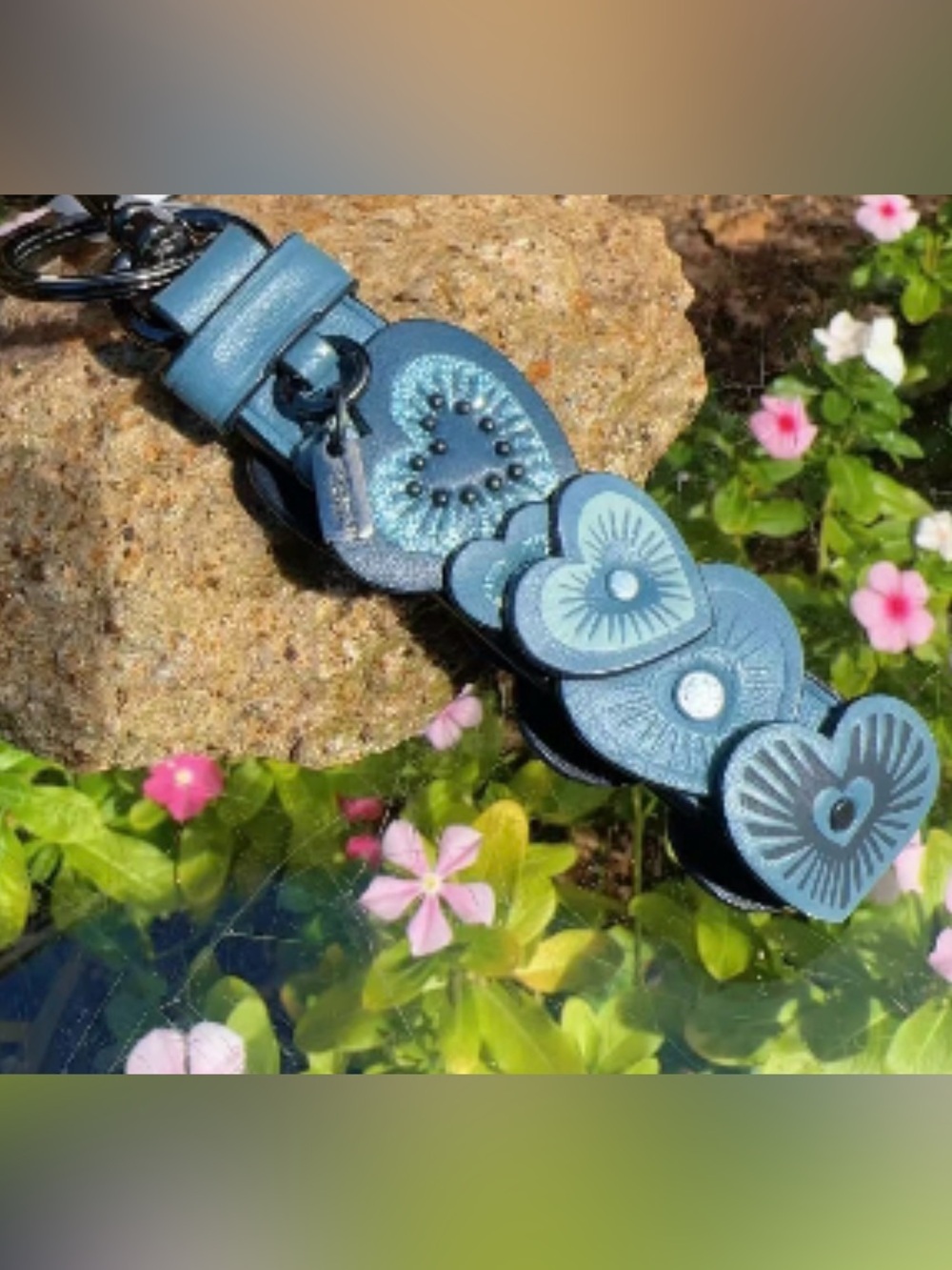 *** SOLD *** COACH Blue Leather Hearts Loop Key Ring/ Bag Charm/ FOB ~ Glitter